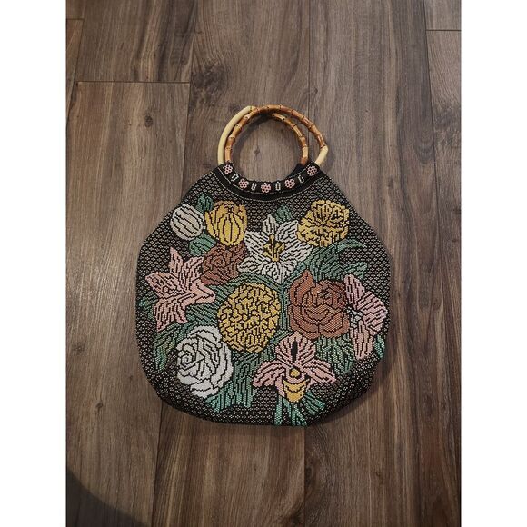 Vintage Micro Bead Floral Bag‎ with Bamboo Style Handles - Picture 1 of 7